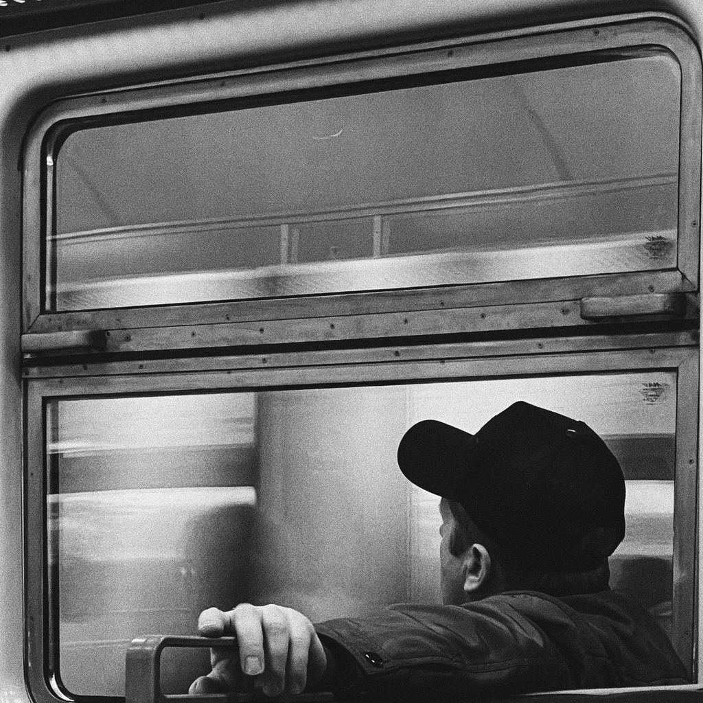A subway conductor at the front cab of an arriving train